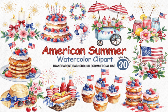 American Summer Watercolor Clipart PNG: Your Toolkit for Festive Design