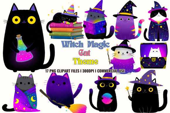 Enchant Your Designs with Witch Magic Cat Theme Clipart