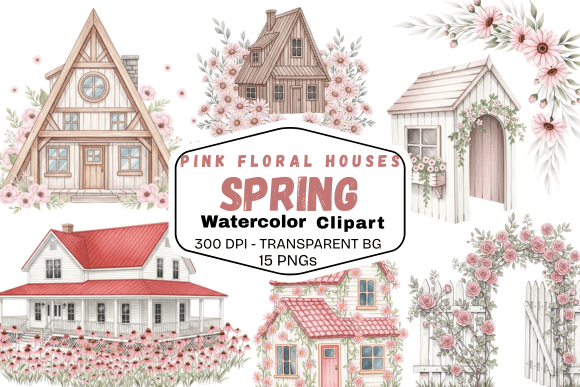Enchanting Pink Floral Spring Houses Clipart for Creative Projects