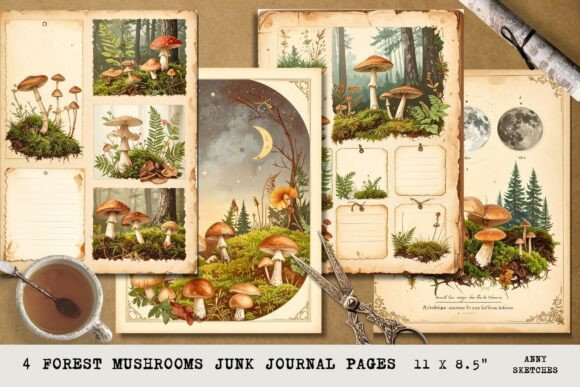Forest Mushroom Junk Journal Pages: A Whimsical Woodland Design Asset