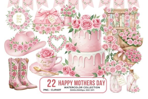 Happy Mothers Day Watercolor Clipart PNG: Your Design Toolkit