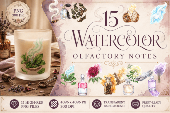 Infuse Artistry: Olfactory Notes Clipart Watercolor PNG
