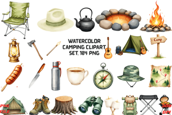 Watercolor Camping Clipart Set: 104 PNGs for Creative Use