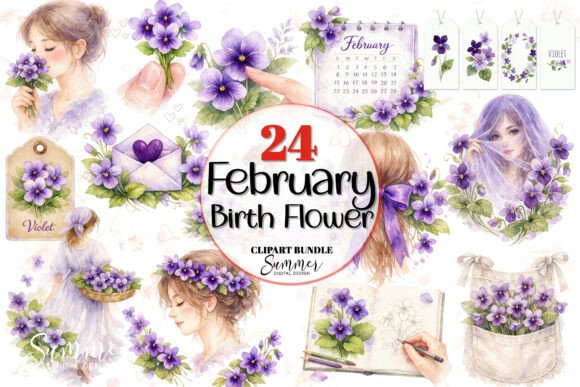 Watercolor February Violet Floral Clipart: Your Design Toolkit
